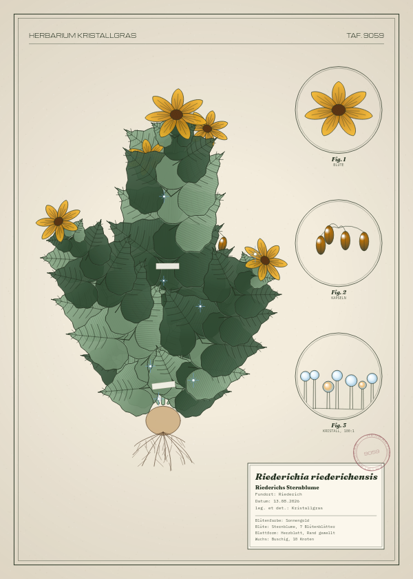 Botanische Tafel: Riederichia riederichensis, eine erfundene Pflanze aus Riederich, gezeichnet wie in einem alten Pflanzenatlas