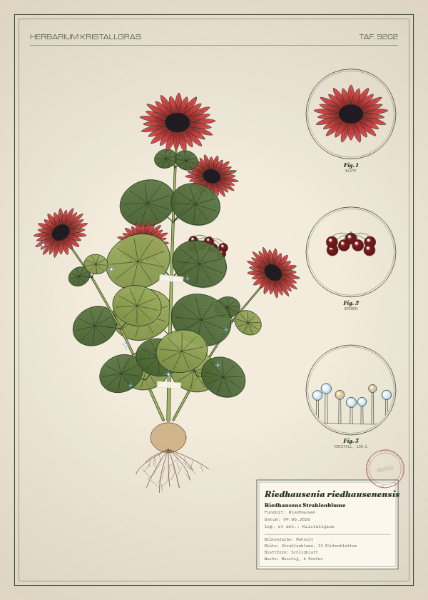 Botanische Tafel: Riedhausenia riedhausenensis, eine erfundene Pflanze aus Riedhausen, gezeichnet wie in einem alten Pflanzenatlas