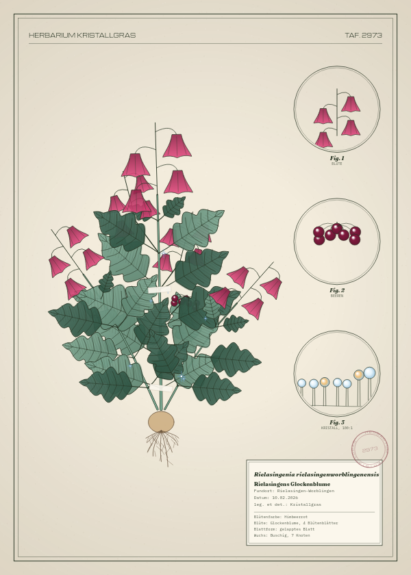 Botanische Tafel: Rielasingenia rielasingenworblingenensis, eine erfundene Pflanze aus Rielasingen-Worblingen, gezeichnet wie in einem alten Pflanzenatlas