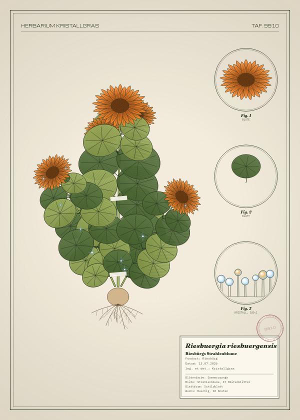 Botanische Tafel: Riesbuergia riesbuergensis, eine erfundene Pflanze aus Riesbürg, gezeichnet wie in einem alten Pflanzenatlas