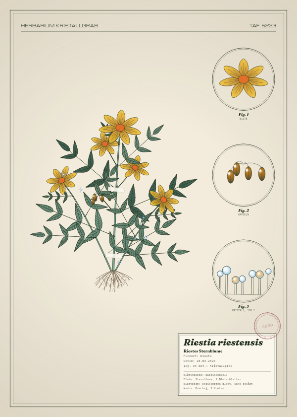 Botanische Tafel: Riestia riestensis, eine erfundene Pflanze aus Rieste, gezeichnet wie in einem alten Pflanzenatlas