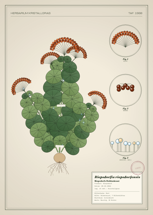 Botanische Tafel: Riepsdorfia riepsdorfensis, eine erfundene Pflanze aus Riepsdorf, gezeichnet wie in einem alten Pflanzenatlas