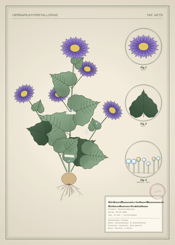 Botanische Tafel: Riethnordhausenia riethnordhausenensis, eine erfundene Pflanze aus Riethnordhausen, gezeichnet wie in einem alten Pflanzenatlas