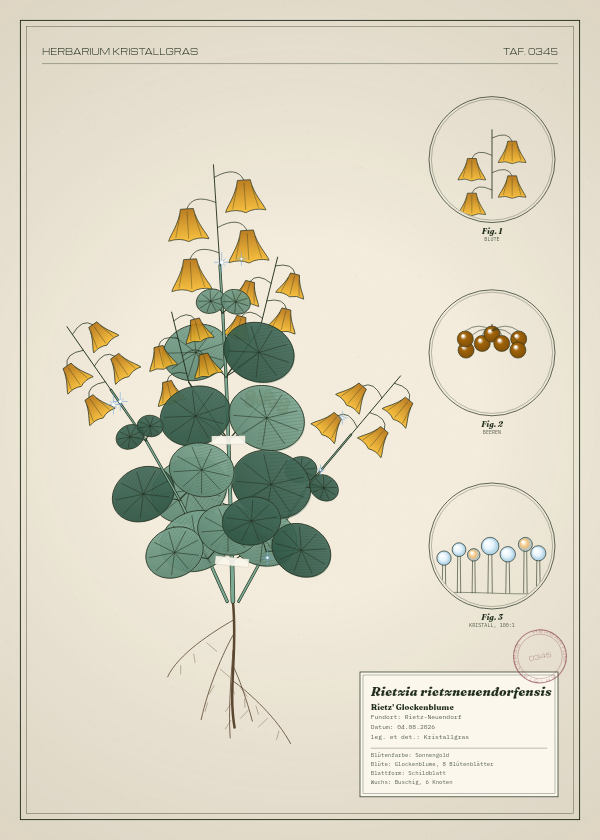 Botanische Tafel: Rietzia rietzneuendorfensis, eine erfundene Pflanze aus Rietz-Neuendorf, gezeichnet wie in einem alten Pflanzenatlas