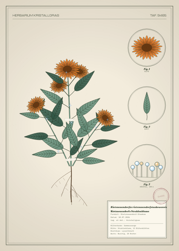 Botanische Tafel: Rietzneuendorfia rietzneuendorfstaakowensis, eine erfundene Pflanze aus Rietzneuendorf-Staakow, gezeichnet wie in einem alten Pflanzenatlas