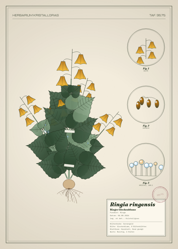 Botanische Tafel: Ringia ringensis, eine erfundene Pflanze aus Ringe, gezeichnet wie in einem alten Pflanzenatlas