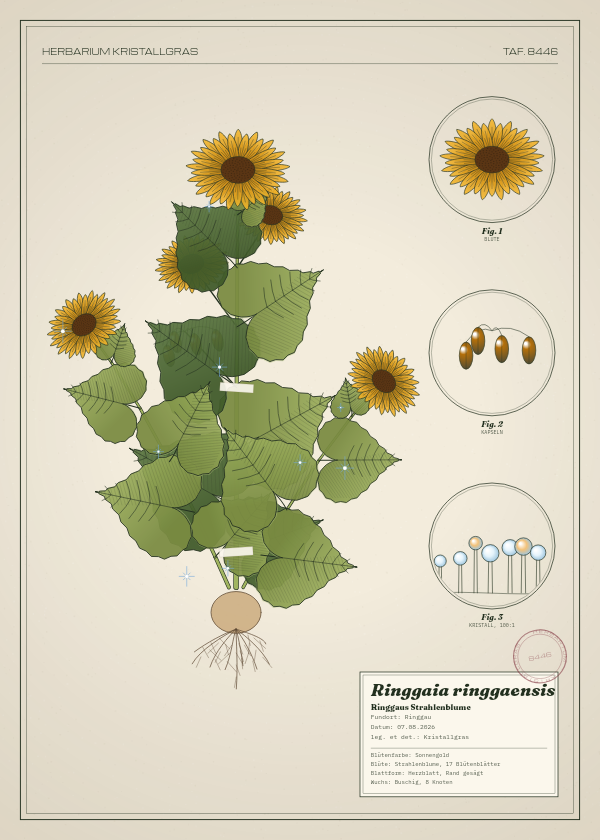 Botanische Tafel: Ringgaia ringgaensis, eine erfundene Pflanze aus Ringgau, gezeichnet wie in einem alten Pflanzenatlas
