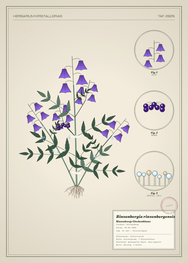 Botanische Tafel: Rinzenbergia rinzenbergensis, eine erfundene Pflanze aus Rinzenberg, gezeichnet wie in einem alten Pflanzenatlas