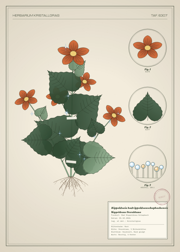 Botanische Tafel: Rippoldsaia badrippoldsauschapbachensis, eine erfundene Pflanze aus Bad Rippoldsau-Schapbach, gezeichnet wie in einem alten Pflanzenatlas