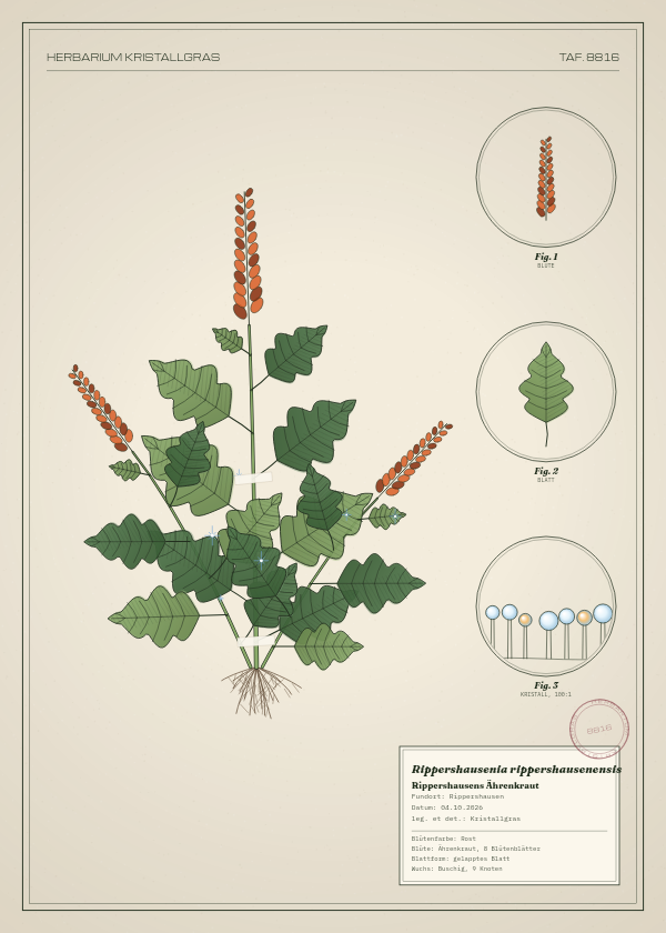 Botanische Tafel: Rippershausenia rippershausenensis, eine erfundene Pflanze aus Rippershausen, gezeichnet wie in einem alten Pflanzenatlas