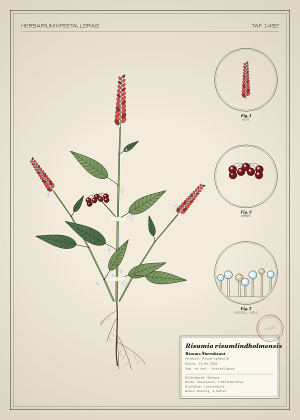 Botanische Tafel: Risumia risumlindholmensis, eine erfundene Pflanze aus Risum-Lindholm, gezeichnet wie in einem alten Pflanzenatlas