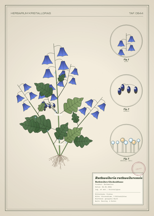 Botanische Tafel: Ruthweileria ruthweilerensis, eine erfundene Pflanze aus Ruthweiler, gezeichnet wie in einem alten Pflanzenatlas