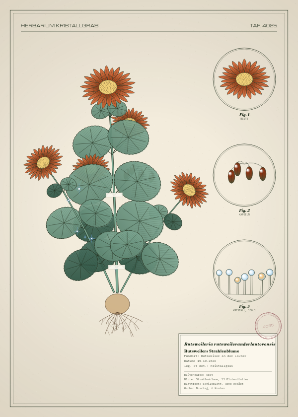 Botanische Tafel: Rutsweileria rutsweileranderlauterensis, eine erfundene Pflanze aus Rutsweiler an der Lauter, gezeichnet wie in einem alten Pflanzenatlas