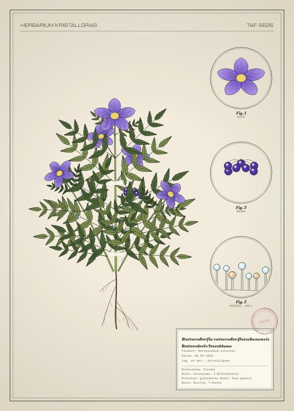 Botanische Tafel: Ruttersdorfia ruttersdorflotschenensis, eine erfundene Pflanze aus Ruttersdorf-Lotschen, gezeichnet wie in einem alten Pflanzenatlas