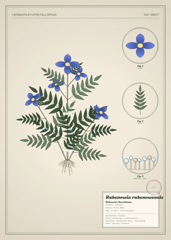 Botanische Tafel: Rubenowia rubenowensis, eine erfundene Pflanze aus Rubenow, gezeichnet wie in einem alten Pflanzenatlas