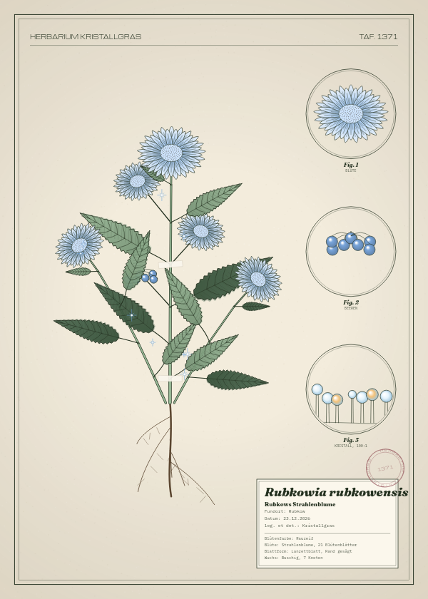 Botanische Tafel: Rubkowia rubkowensis, eine erfundene Pflanze aus Rubkow, gezeichnet wie in einem alten Pflanzenatlas