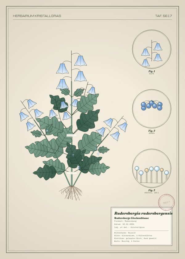 Botanische Tafel: Rudersbergia rudersbergensis, eine erfundene Pflanze aus Rudersberg, gezeichnet wie in einem alten Pflanzenatlas