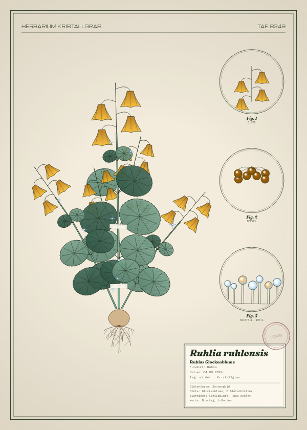 Botanische Tafel: Ruhlia ruhlensis, eine erfundene Pflanze aus Ruhla, gezeichnet wie in einem alten Pflanzenatlas