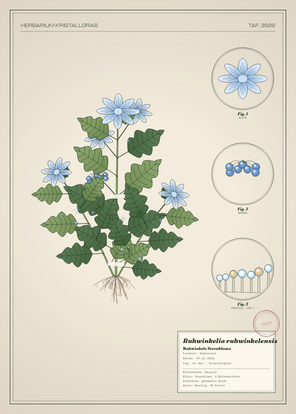 Botanische Tafel: Ruhwinkelia ruhwinkelensis, eine erfundene Pflanze aus Ruhwinkel, gezeichnet wie in einem alten Pflanzenatlas