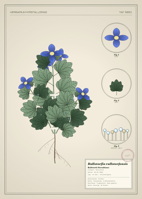 Botanische Tafel: Rullstorfia rullstorfensis, eine erfundene Pflanze aus Rullstorf, gezeichnet wie in einem alten Pflanzenatlas
