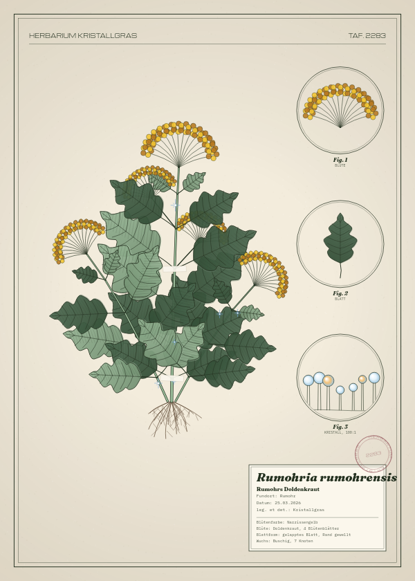 Botanische Tafel: Rumohria rumohrensis, eine erfundene Pflanze aus Rumohr, gezeichnet wie in einem alten Pflanzenatlas