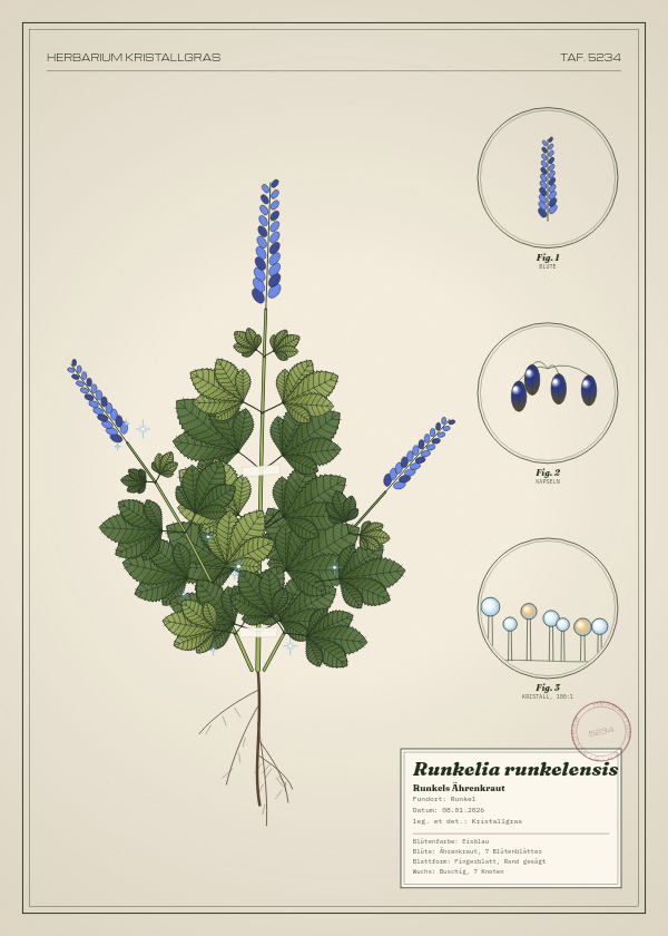Botanische Tafel: Runkelia runkelensis, eine erfundene Pflanze aus Runkel, gezeichnet wie in einem alten Pflanzenatlas
