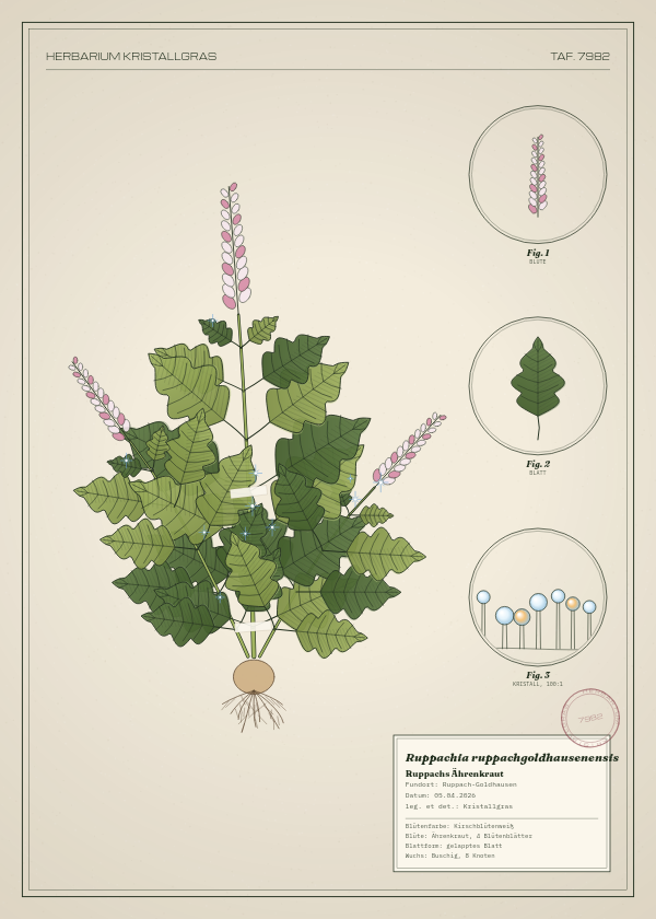 Botanische Tafel: Ruppachia ruppachgoldhausenensis, eine erfundene Pflanze aus Ruppach-Goldhausen, gezeichnet wie in einem alten Pflanzenatlas