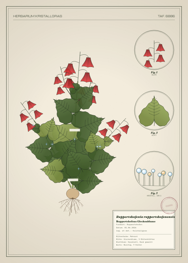 Botanische Tafel: Ruppertshofenia ruppertshofenensis, eine erfundene Pflanze aus Ruppertshofen, gezeichnet wie in einem alten Pflanzenatlas