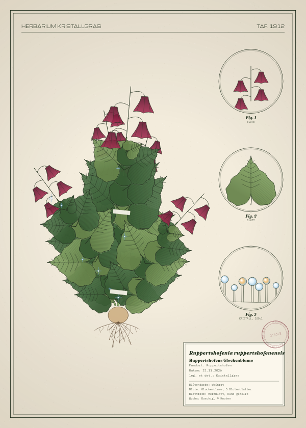 Botanische Tafel: Ruppertshofenia ruppertshofenensis, eine erfundene Pflanze aus Ruppertshofen, gezeichnet wie in einem alten Pflanzenatlas