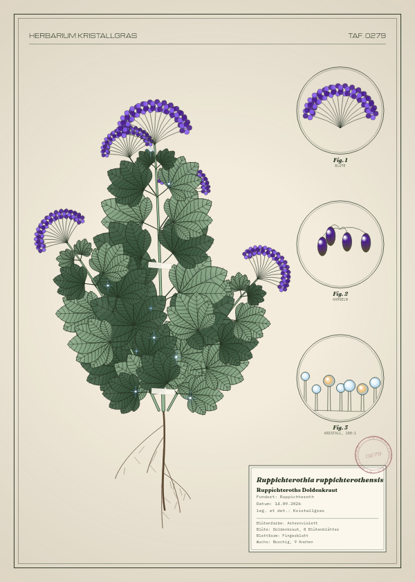 Botanische Tafel: Ruppichterothia ruppichterothensis, eine erfundene Pflanze aus Ruppichteroth, gezeichnet wie in einem alten Pflanzenatlas