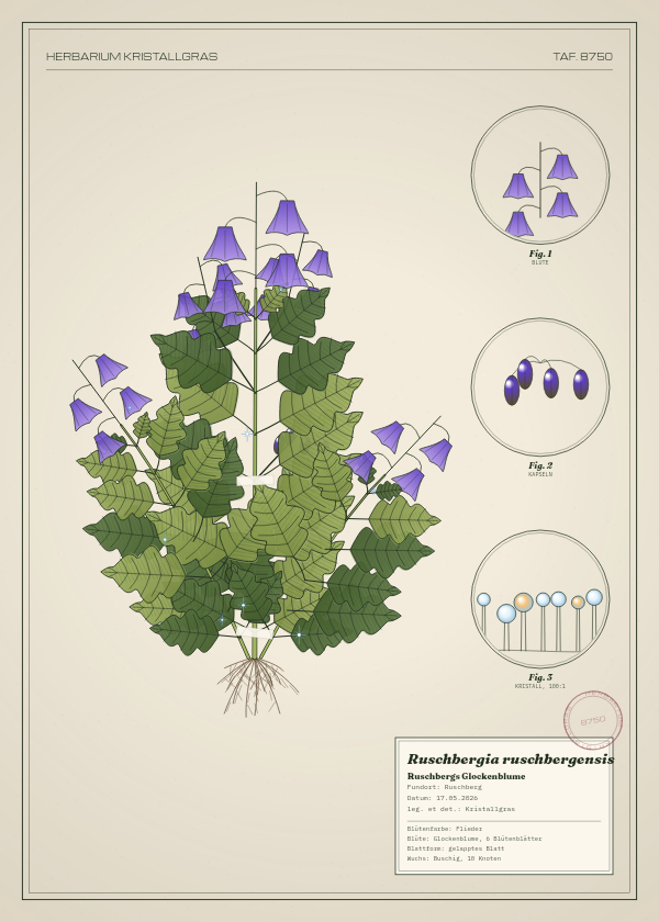 Botanische Tafel: Ruschbergia ruschbergensis, eine erfundene Pflanze aus Ruschberg, gezeichnet wie in einem alten Pflanzenatlas