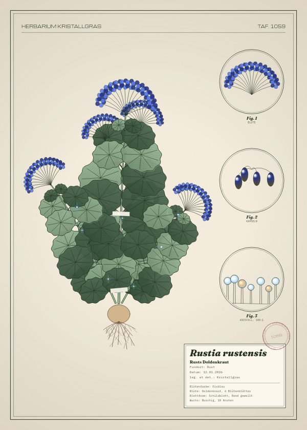 Botanische Tafel: Rustia rustensis, eine erfundene Pflanze aus Rust, gezeichnet wie in einem alten Pflanzenatlas