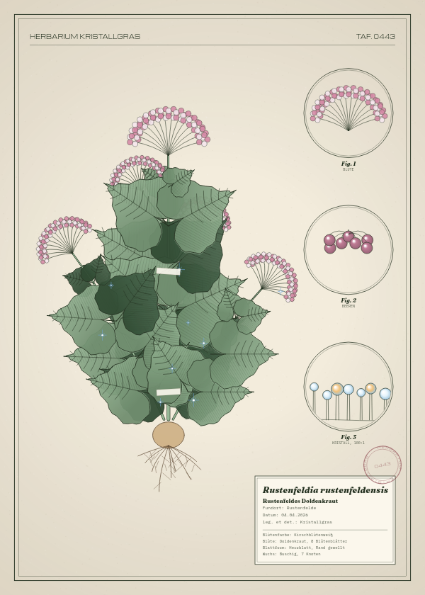 Botanische Tafel: Rustenfeldia rustenfeldensis, eine erfundene Pflanze aus Rustenfelde, gezeichnet wie in einem alten Pflanzenatlas