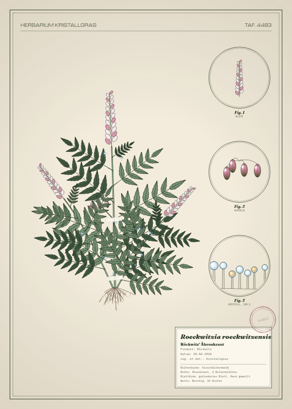 Botanische Tafel: Roeckwitzia roeckwitzensis, eine erfundene Pflanze aus Röckwitz, gezeichnet wie in einem alten Pflanzenatlas