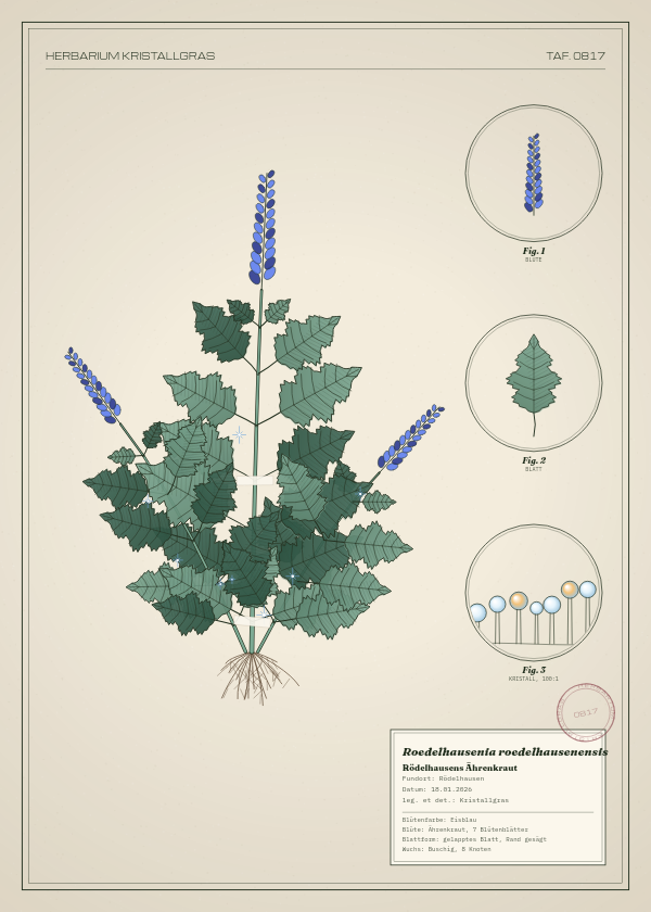 Botanische Tafel: Roedelhausenia roedelhausenensis, eine erfundene Pflanze aus Rödelhausen, gezeichnet wie in einem alten Pflanzenatlas