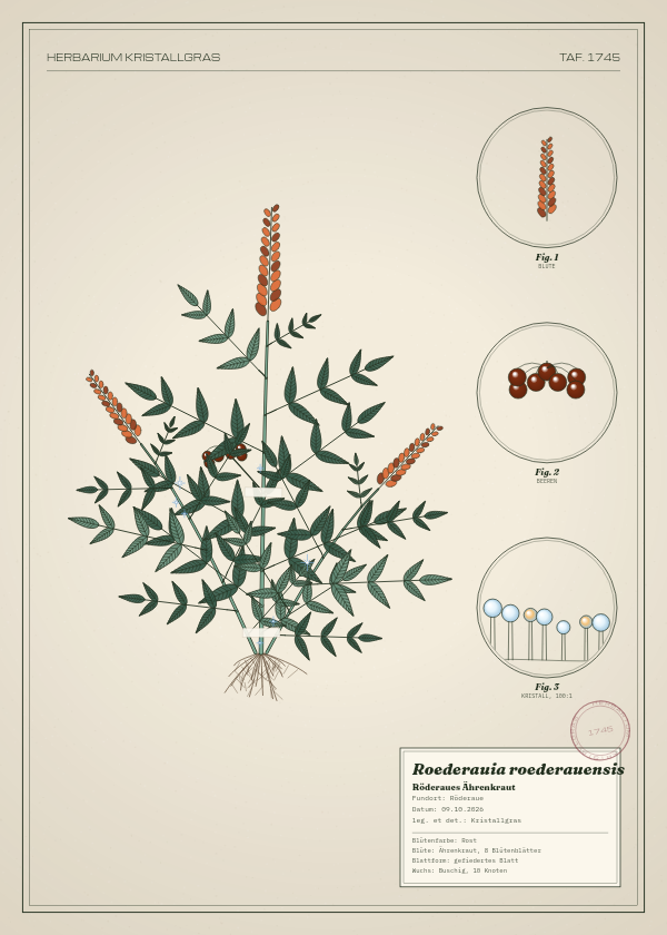 Botanische Tafel: Roederauia roederauensis, eine erfundene Pflanze aus Röderaue, gezeichnet wie in einem alten Pflanzenatlas