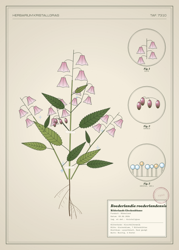 Botanische Tafel: Roederlandia roederlandensis, eine erfundene Pflanze aus Röderland, gezeichnet wie in einem alten Pflanzenatlas