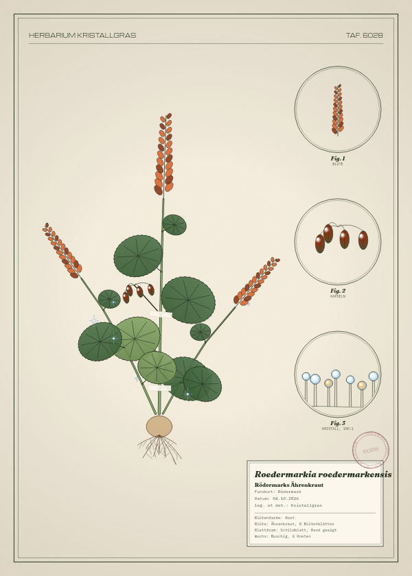 Botanische Tafel: Roedermarkia roedermarkensis, eine erfundene Pflanze aus Rödermark, gezeichnet wie in einem alten Pflanzenatlas