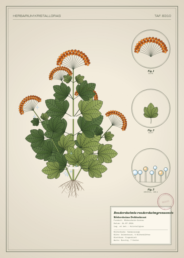 Botanische Tafel: Roedersheimia roedersheimgronaensis, eine erfundene Pflanze aus Rödersheim-Gronau, gezeichnet wie in einem alten Pflanzenatlas