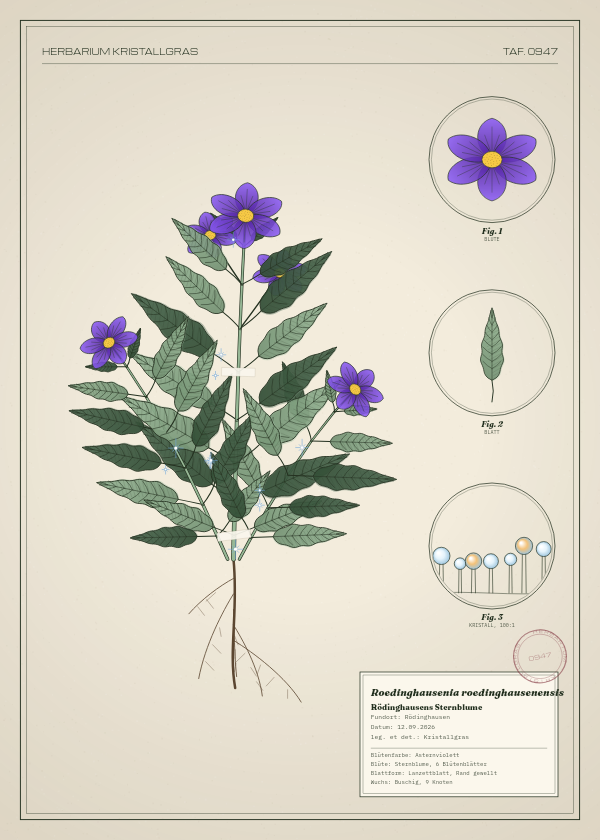 Botanische Tafel: Roedinghausenia roedinghausenensis, eine erfundene Pflanze aus Rödinghausen, gezeichnet wie in einem alten Pflanzenatlas