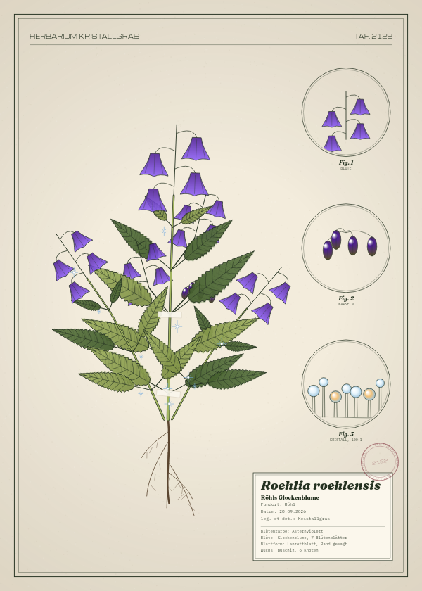 Botanische Tafel: Roehlia roehlensis, eine erfundene Pflanze aus Röhl, gezeichnet wie in einem alten Pflanzenatlas