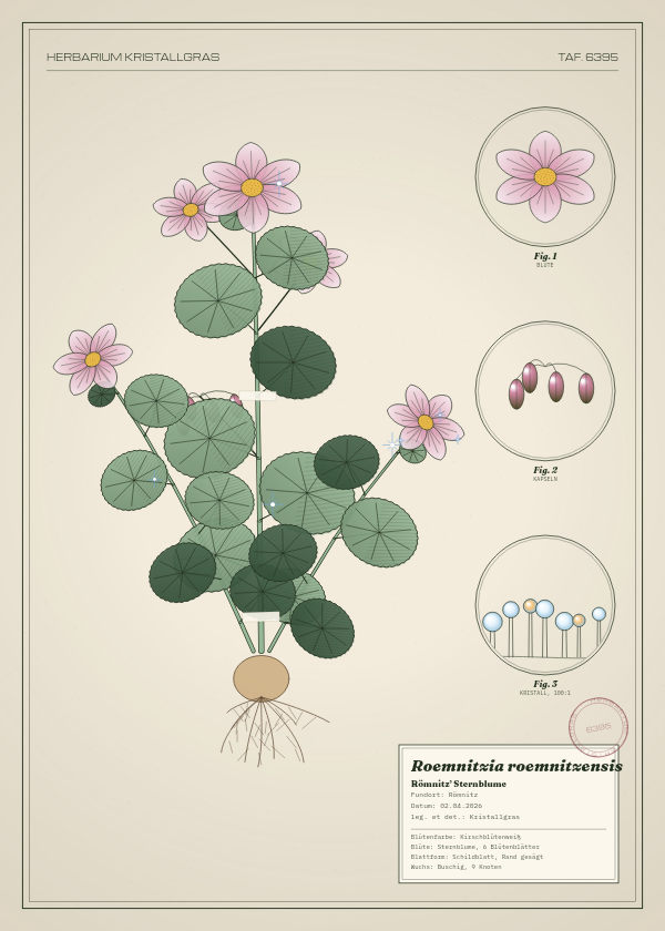 Botanische Tafel: Roemnitzia roemnitzensis, eine erfundene Pflanze aus Römnitz, gezeichnet wie in einem alten Pflanzenatlas