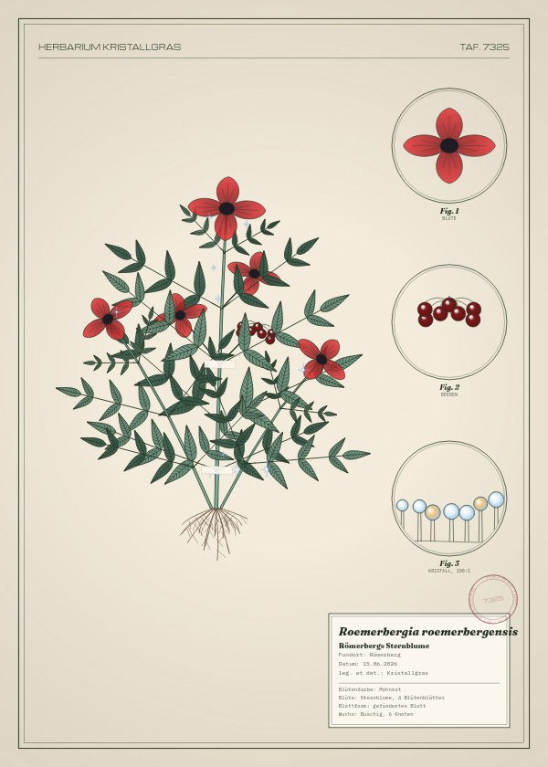 Botanische Tafel: Roemerbergia roemerbergensis, eine erfundene Pflanze aus Römerberg, gezeichnet wie in einem alten Pflanzenatlas