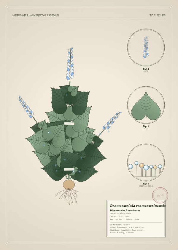 Botanische Tafel: Roemersteinia roemersteinensis, eine erfundene Pflanze aus Römerstein, gezeichnet wie in einem alten Pflanzenatlas