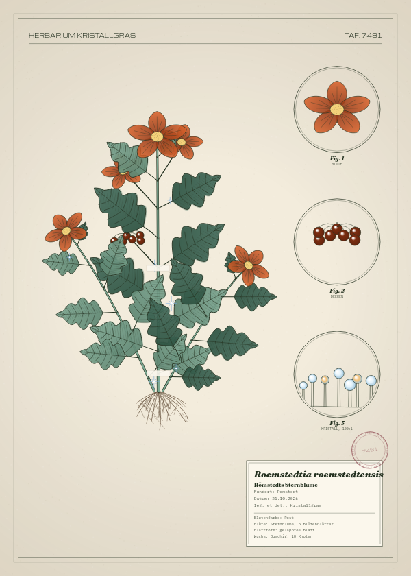 Botanische Tafel: Roemstedtia roemstedtensis, eine erfundene Pflanze aus Römstedt, gezeichnet wie in einem alten Pflanzenatlas