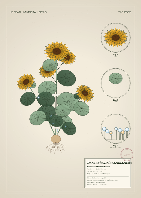 Botanische Tafel: Roennaia kleinroennaensis, eine erfundene Pflanze aus Klein Rönnau, gezeichnet wie in einem alten Pflanzenatlas