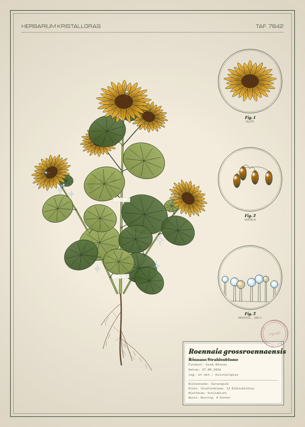 Botanische Tafel: Roennaia grossroennaensis, eine erfundene Pflanze aus Groß Rönnau, gezeichnet wie in einem alten Pflanzenatlas