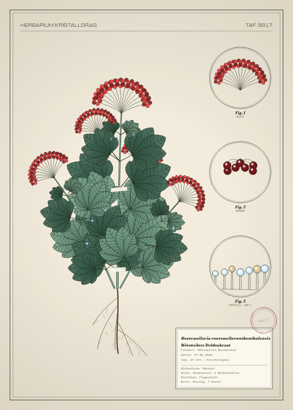 Botanische Tafel: Roetsweileria roetsweilernockenthalensis, eine erfundene Pflanze aus Rötsweiler-Nockenthal, gezeichnet wie in einem alten Pflanzenatlas