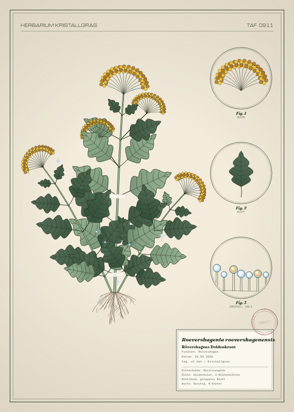 Botanische Tafel: Roevershagenia roevershagenensis, eine erfundene Pflanze aus Rövershagen, gezeichnet wie in einem alten Pflanzenatlas