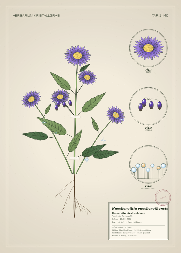 Botanische Tafel: Rueckerothia rueckerothensis, eine erfundene Pflanze aus Rückeroth, gezeichnet wie in einem alten Pflanzenatlas